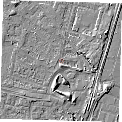 Shaded relief map of the ground around N182NY, computed from Environment Agency LiDAR. The ground here sits at about 11 m above sea level and falls 10 m across the surrounding 800 m. Surface water reaching this point runs off ground lying to the south, 5.2 m higher.