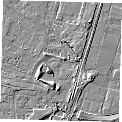 Shaded relief map of the ground around N182PA, computed from Environment Agency LiDAR. The ground here sits at about 11 m above sea level and falls 10 m across the surrounding 800 m. Surface water reaching this point runs off ground lying to the north-east, 9.1 m higher.