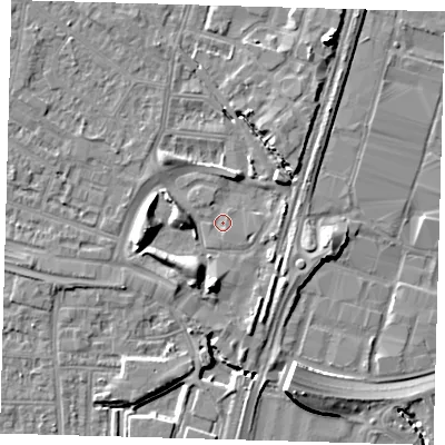 Shaded relief map of the ground around N182PD, computed from Environment Agency LiDAR. The ground here sits at about 11 m above sea level and falls 10 m across the surrounding 800 m. Surface water reaching this point runs off ground lying to the north-east, 3.4 m higher.