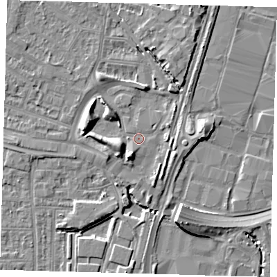 Shaded relief map of the ground around N182PE, computed from Environment Agency LiDAR. The ground here sits at about 11 m above sea level and falls 10 m across the surrounding 800 m. Surface water reaching this point runs off ground lying to the south-south-west, 5.7 m higher.