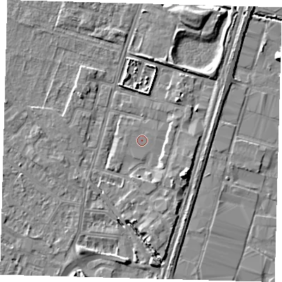 Shaded relief map of the ground around N182PG, computed from Environment Agency LiDAR. The ground here sits at about 11 m above sea level and falls 9 m across the surrounding 800 m. The ground contributing surface water to this point lies to the north-east.
