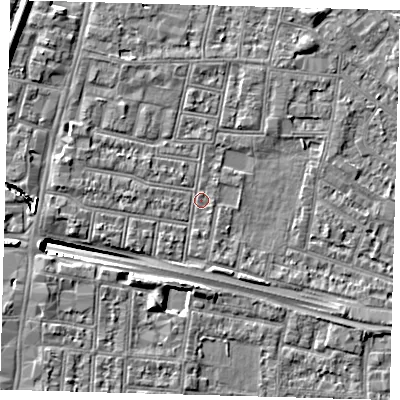 Shaded relief map of the ground around N182PN, computed from Environment Agency LiDAR. The ground here sits at about 12 m above sea level and falls 13 m across the surrounding 800 m. Surface water reaching this point runs off ground lying to the north-west, 6.0 m higher.
