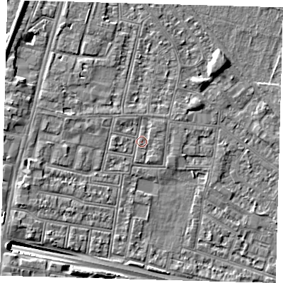 Shaded relief map of the ground around N182PP, computed from Environment Agency LiDAR. The ground here sits at about 12 m above sea level and falls 12 m across the surrounding 800 m. Surface water reaching this point runs off ground lying to the north-west, 1.0 m higher.