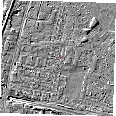 Shaded relief map of the ground around N182PR, computed from Environment Agency LiDAR. The ground here sits at about 12 m above sea level and falls 12 m across the surrounding 800 m. Surface water reaching this point runs off ground lying to the north-north-west, 1.0 m higher.