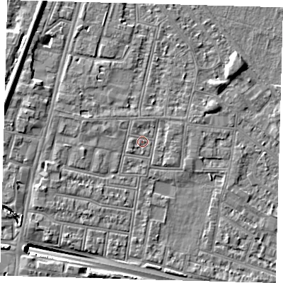 Shaded relief map of the ground around N182PS, computed from Environment Agency LiDAR. The ground here sits at about 12 m above sea level and falls 13 m across the surrounding 800 m. Surface water reaching this point runs off ground lying to the west, 0.8 m higher.