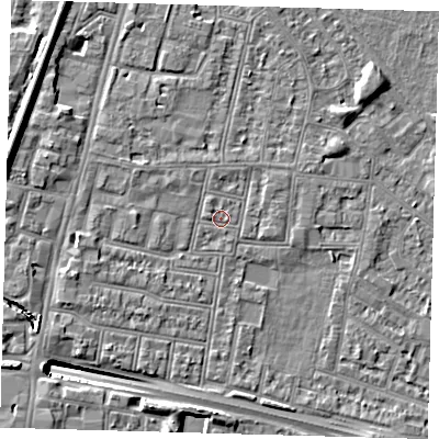 Shaded relief map of the ground around N182PT, computed from Environment Agency LiDAR. The ground here sits at about 12 m above sea level and falls 13 m across the surrounding 800 m. Surface water reaching this point runs off ground lying to the south, 0.6 m higher.