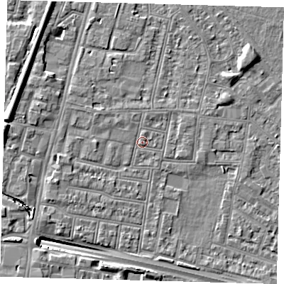 Shaded relief map of the ground around N182PU, computed from Environment Agency LiDAR. The ground here sits at about 13 m above sea level and falls 13 m across the surrounding 800 m. Surface water reaching this point runs off ground lying to the west, 1.5 m higher.