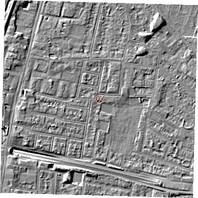 Shaded relief map of the ground around N182PW, computed from Environment Agency LiDAR. The ground here sits at about 12 m above sea level and falls 12 m across the surrounding 800 m. Surface water reaching this point runs off ground lying to the north-north-west, 1.1 m higher.