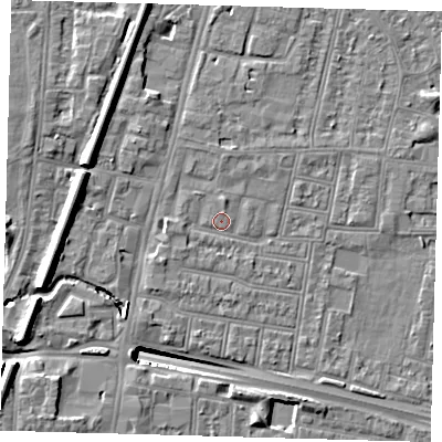 Shaded relief map of the ground around N182PY, computed from Environment Agency LiDAR. The ground here sits at about 13 m above sea level and falls 13 m across the surrounding 800 m. Surface water reaching this point runs off ground lying to the north, 1.1 m higher.