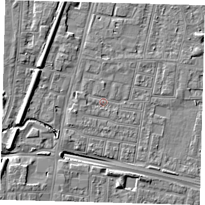 Shaded relief map of the ground around N182QA, computed from Environment Agency LiDAR. The ground here sits at about 13 m above sea level and falls 13 m across the surrounding 800 m. Surface water reaching this point runs off ground lying to the west-north-west, 5.9 m higher.