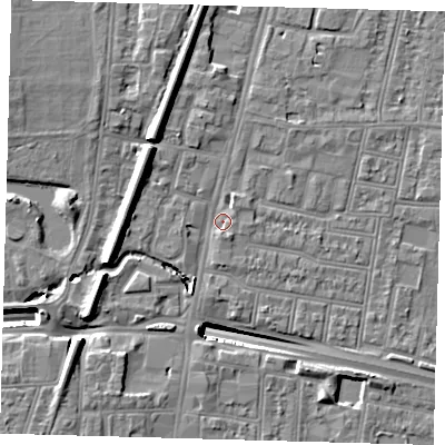 Shaded relief map of the ground around N182QD, computed from Environment Agency LiDAR. The ground here sits at about 13 m above sea level and falls 13 m across the surrounding 800 m. Surface water reaching this point runs off ground lying to the south, 1.8 m higher.