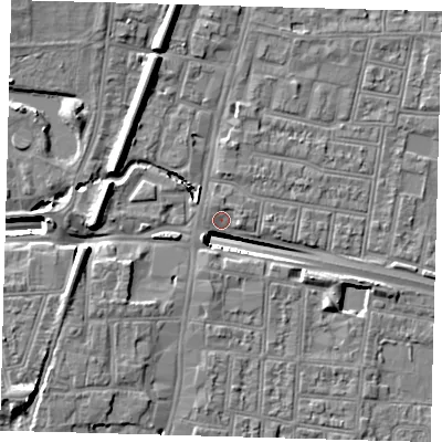 Shaded relief map of the ground around N182QH, computed from Environment Agency LiDAR. The ground here sits at about 13 m above sea level and falls 14 m across the surrounding 800 m. Surface water reaching this point runs off ground lying to the south-west, 13.3 m higher.
