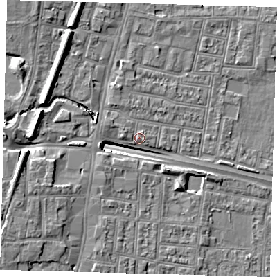 Shaded relief map of the ground around N182QL, computed from Environment Agency LiDAR. The ground here sits at about 13 m above sea level and falls 13 m across the surrounding 800 m. Surface water reaching this point runs off ground lying to the north-west, 13.1 m higher.