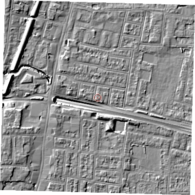 Shaded relief map of the ground around N182QN, computed from Environment Agency LiDAR. The ground here sits at about 13 m above sea level and falls 13 m across the surrounding 800 m. Surface water reaching this point runs off ground lying to the north-west, 13.1 m higher.