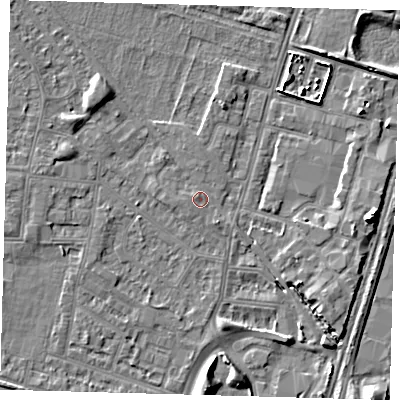 Shaded relief map of the ground around N182QQ, computed from Environment Agency LiDAR. The ground here sits at about 12 m above sea level and falls 9 m across the surrounding 800 m. Surface water reaching this point runs off ground lying to the south-east, 1.1 m higher.