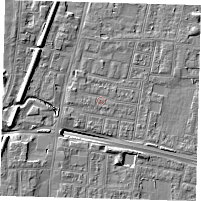 Shaded relief map of the ground around N182QT, computed from Environment Agency LiDAR. The ground here sits at about 13 m above sea level and falls 13 m across the surrounding 800 m. Surface water reaching this point runs off ground lying to the west-north-west, 1.9 m higher.