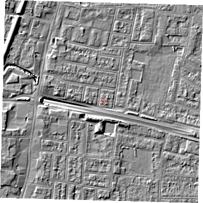 Shaded relief map of the ground around N182QW, computed from Environment Agency LiDAR. The ground here sits at about 13 m above sea level and falls 13 m across the surrounding 800 m. Surface water reaching this point runs off ground lying to the west, 9.5 m higher.
