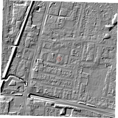 Shaded relief map of the ground around N182QY, computed from Environment Agency LiDAR. The ground here sits at about 13 m above sea level and falls 13 m across the surrounding 800 m. Surface water reaching this point runs off ground lying to the north-west, 1.1 m higher.