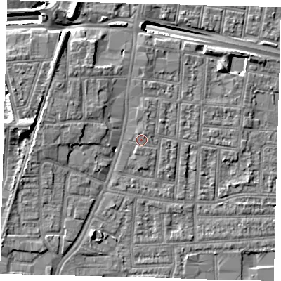 Shaded relief map of the ground around N182RD, computed from Environment Agency LiDAR. The ground here sits at about 13 m above sea level and falls 14 m across the surrounding 800 m. Surface water reaching this point runs off ground lying to the north-north-east, 0.8 m higher.