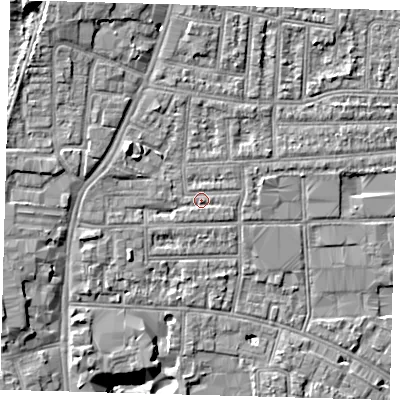 Shaded relief map of the ground around N182RU, computed from Environment Agency LiDAR. The ground here sits at about 12 m above sea level and falls 11 m across the surrounding 800 m. Surface water reaching this point runs off ground lying to the north-west, 4.5 m higher.