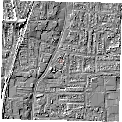 Shaded relief map of the ground around N182RW, computed from Environment Agency LiDAR. The ground here sits at about 13 m above sea level and falls 9 m across the surrounding 800 m. Surface water reaching this point runs off ground lying to the north, 1.2 m higher.