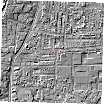 Shaded relief map of the ground around N182RY, computed from Environment Agency LiDAR. The ground here sits at about 12 m above sea level and falls 10 m across the surrounding 800 m. Surface water reaching this point runs off ground lying to the north, 0.5 m higher.