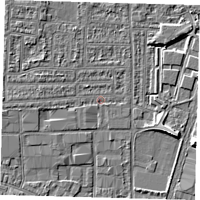 Shaded relief map of the ground around N182SA, computed from Environment Agency LiDAR. The ground here sits at about 11 m above sea level and falls 8 m across the surrounding 800 m. Surface water reaching this point runs off ground lying to the west, 1.5 m higher.