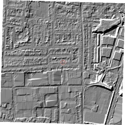 Shaded relief map of the ground around N182SB, computed from Environment Agency LiDAR. The ground here sits at about 11 m above sea level and falls 8 m across the surrounding 800 m. Surface water reaching this point runs off ground lying to the west, 1.8 m higher.