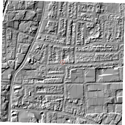 Shaded relief map of the ground around N182SF, computed from Environment Agency LiDAR. The ground here sits at about 12 m above sea level and falls 10 m across the surrounding 800 m. Surface water reaching this point runs off ground lying to the north, 0.5 m higher.