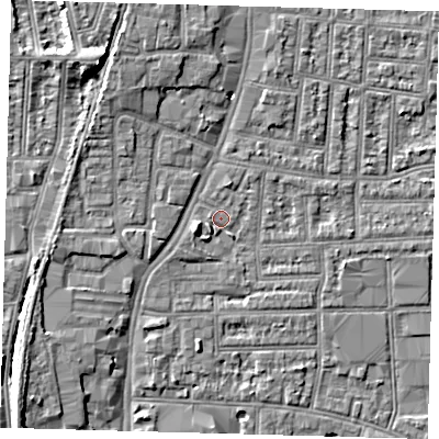 Shaded relief map of the ground around N182SP, computed from Environment Agency LiDAR. The ground here sits at about 12 m above sea level and falls 10 m across the surrounding 800 m. Surface water reaching this point runs off ground lying to the north-north-west, 4.2 m higher.