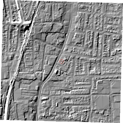 Shaded relief map of the ground around N182SS, computed from Environment Agency LiDAR. The ground here sits at about 13 m above sea level and falls 9 m across the surrounding 800 m. Surface water reaching this point runs off ground lying to the north-north-west, 4.2 m higher.