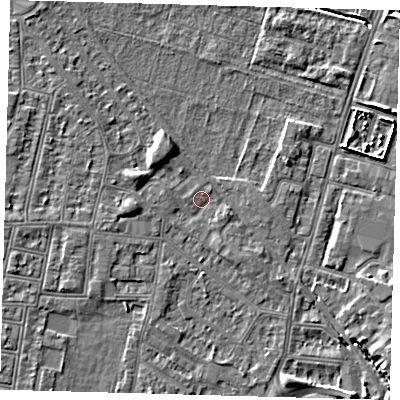 Shaded relief map of the ground around N182TU, computed from Environment Agency LiDAR. The ground here sits at about 11 m above sea level and falls 5 m across the surrounding 800 m. Surface water reaching this point runs off ground lying to the west, 1.0 m higher.