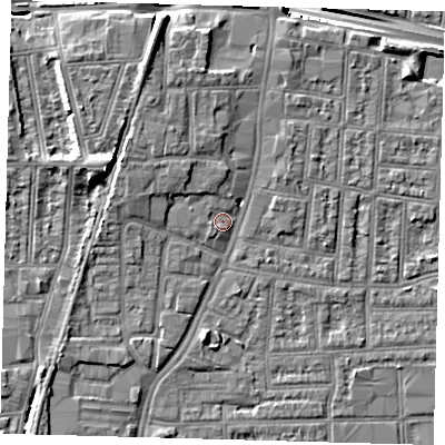 Shaded relief map of the ground around N182TW, computed from Environment Agency LiDAR. The ground here sits at about 13 m above sea level and falls 14 m across the surrounding 800 m. Surface water reaching this point runs off ground lying to the north-north-west, 4.5 m higher.