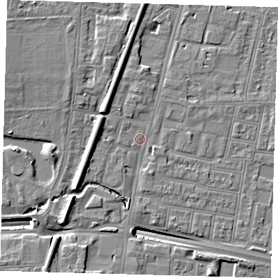 Shaded relief map of the ground around N182TY, computed from Environment Agency LiDAR. The ground here sits at about 13 m above sea level and falls 13 m across the surrounding 800 m. Surface water reaching this point runs off ground lying to the west-north-west, 5.9 m higher.