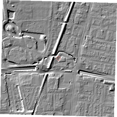 Shaded relief map of the ground around N182UA, computed from Environment Agency LiDAR. The ground here sits at about 14 m above sea level and falls 14 m across the surrounding 800 m. Surface water reaching this point runs off ground lying to the south-south-west, 12.4 m higher.