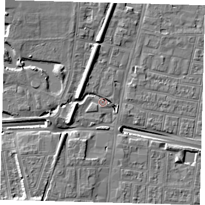 Shaded relief map of the ground around N182UB, computed from Environment Agency LiDAR. The ground here sits at about 14 m above sea level and falls 14 m across the surrounding 800 m. Surface water reaching this point runs off ground lying to the north, 7.4 m higher.