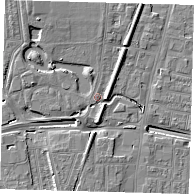 Shaded relief map of the ground around N182UF, computed from Environment Agency LiDAR. The ground here sits at about 14 m above sea level and falls 14 m across the surrounding 800 m. Surface water reaching this point runs off ground lying to the north-west, 13.0 m higher.