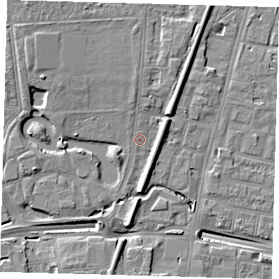 Shaded relief map of the ground around N182UG, computed from Environment Agency LiDAR. The ground here sits at about 15 m above sea level and falls 15 m across the surrounding 800 m. Surface water reaching this point runs off ground lying to the north-north-west, 1.8 m higher.