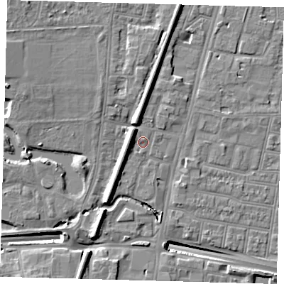 Shaded relief map of the ground around N182UH, computed from Environment Agency LiDAR. The ground here sits at about 14 m above sea level and falls 14 m across the surrounding 800 m. Surface water reaching this point runs off ground lying to the west-north-west, 4.8 m higher.