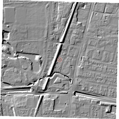 Shaded relief map of the ground around N182UJ, computed from Environment Agency LiDAR. The ground here sits at about 14 m above sea level and falls 14 m across the surrounding 800 m. Surface water reaching this point runs off ground lying to the west-south-west, 4.3 m higher.