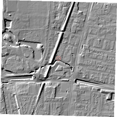 Shaded relief map of the ground around N182UL, computed from Environment Agency LiDAR. The ground here sits at about 14 m above sea level and falls 14 m across the surrounding 800 m. Surface water reaching this point runs off ground lying to the north, 12.2 m higher.