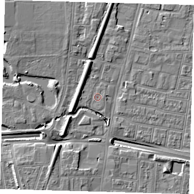 Shaded relief map of the ground around N182UN, computed from Environment Agency LiDAR. The ground here sits at about 14 m above sea level and falls 14 m across the surrounding 800 m. Surface water reaching this point runs off ground lying to the west-north-west, 4.4 m higher.