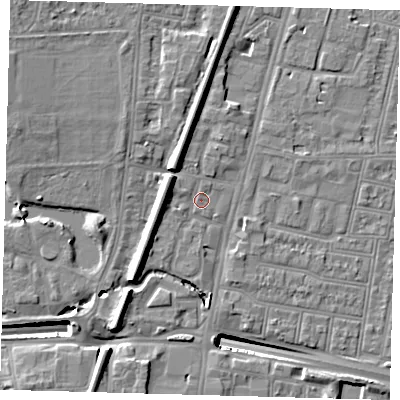 Shaded relief map of the ground around N182UP, computed from Environment Agency LiDAR. The ground here sits at about 14 m above sea level and falls 13 m across the surrounding 800 m. Surface water reaching this point runs off ground lying to the west-north-west, 4.9 m higher.