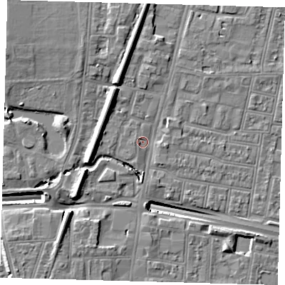 Shaded relief map of the ground around N182UW, computed from Environment Agency LiDAR. The ground here sits at about 13 m above sea level and falls 13 m across the surrounding 800 m. Surface water reaching this point runs off ground lying to the south, 2.1 m higher.