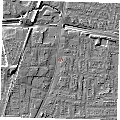Shaded relief map of the ground around N182XA, computed from Environment Agency LiDAR. The ground here sits at about 13 m above sea level and falls 14 m across the surrounding 800 m. Surface water reaching this point runs off ground lying to the north-north-east, 1.3 m higher.