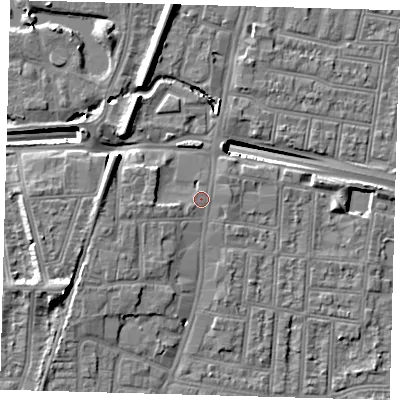 Shaded relief map of the ground around N182XB, computed from Environment Agency LiDAR. The ground here sits at about 14 m above sea level and falls 14 m across the surrounding 800 m. Surface water reaching this point runs off ground lying to the east, 1.0 m higher.
