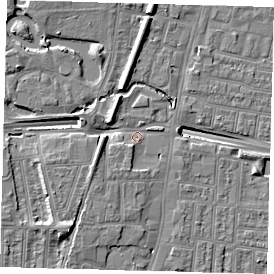 Shaded relief map of the ground around N182XZ, computed from Environment Agency LiDAR. The ground here sits at about 14 m above sea level and falls 14 m across the surrounding 800 m. Surface water reaching this point runs off ground lying to the south-south-west, 3.0 m higher.