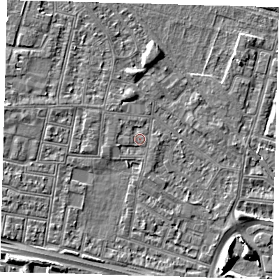 Shaded relief map of the ground around N182YN, computed from Environment Agency LiDAR. The ground here sits at about 12 m above sea level and falls 6 m across the surrounding 800 m. Surface water reaching this point runs off ground lying to the west-south-west, 1.2 m higher.