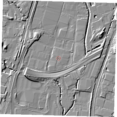 Shaded relief map of the ground around N183AD, computed from Environment Agency LiDAR. The ground here sits at about 11 m above sea level and falls 16 m across the surrounding 800 m. The ground contributing surface water to this point lies to the north-west.