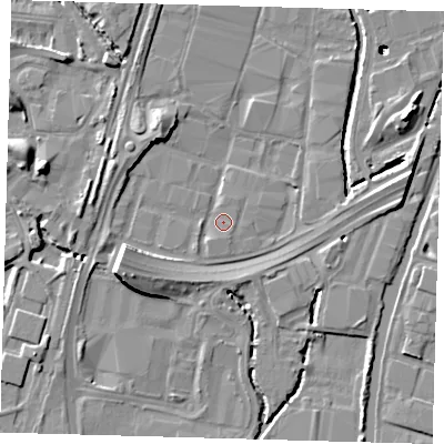 Shaded relief map of the ground around N183AF, computed from Environment Agency LiDAR. The ground here sits at about 10 m above sea level and falls 16 m across the surrounding 800 m. Surface water reaching this point runs off ground lying to the west-south-west, 8.5 m higher.